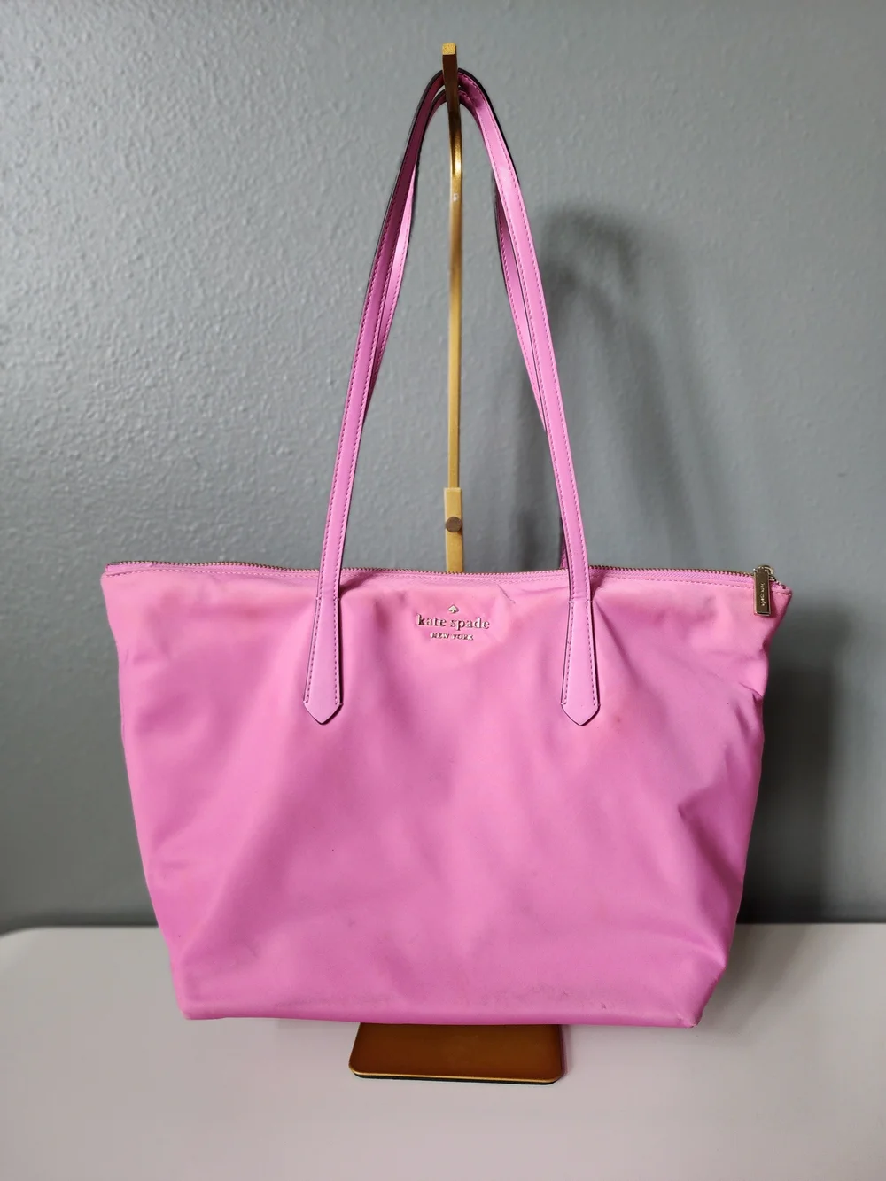 Kate Spade New York Pink Nylon Tote Shoulder Bag Zip Top Leather Handles